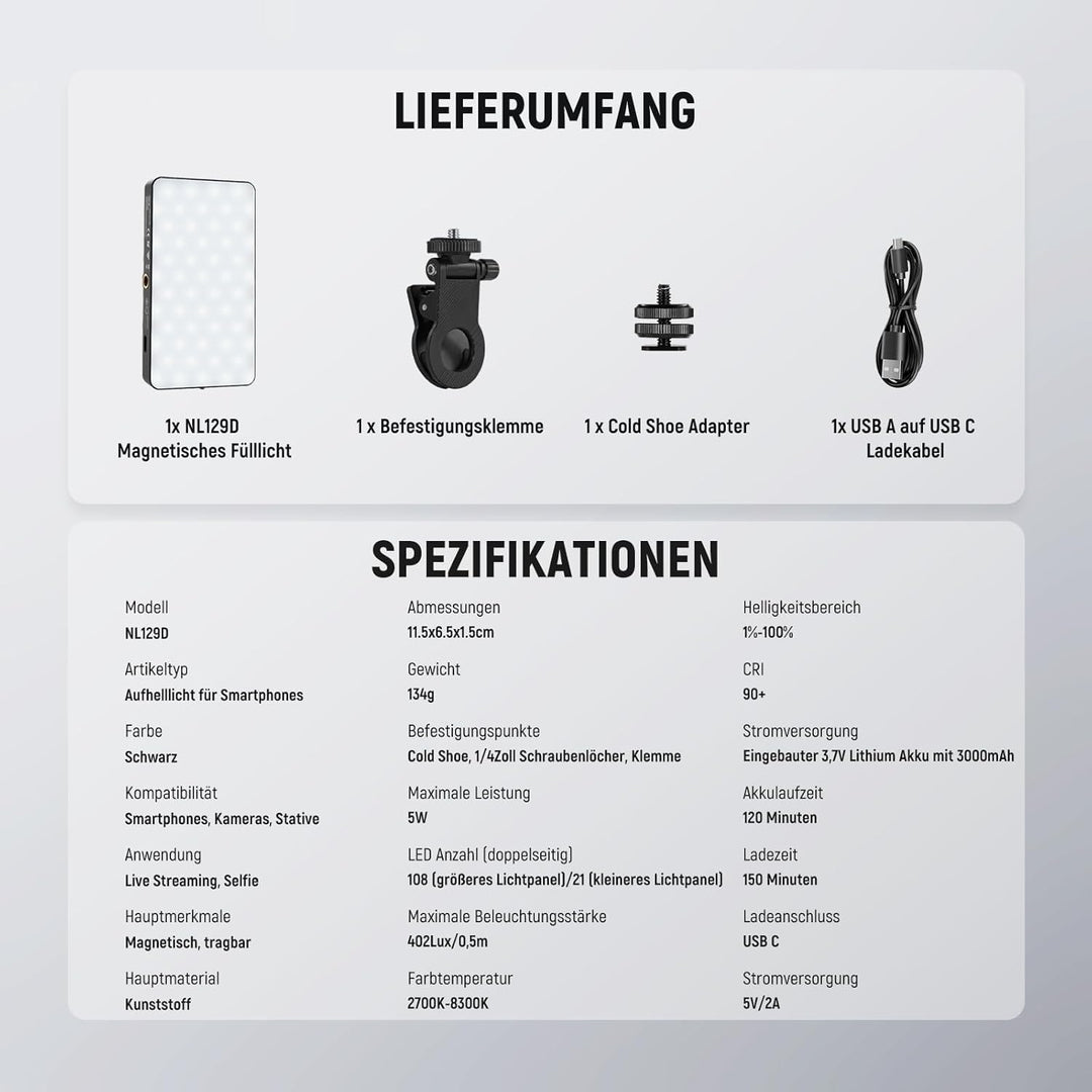 NEEWER Basics Magnetisches Handy Selfie Licht für iPhone, MagSafe, doppelseitiger Clip, LED Beleucht