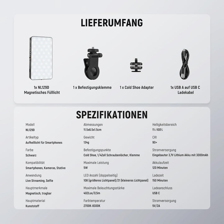 NEEWER Basics Magnetisches Handy Selfie Licht für iPhone, MagSafe, doppelseitiger Clip, LED Beleucht