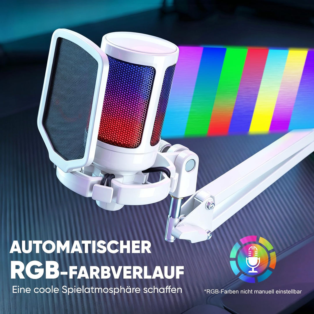 FIFINE USB Mikrofon PC Gaming mit Arm, Typ A/C Microphone Weiss für MAC PS4 PS5 mit Stummschalttaste