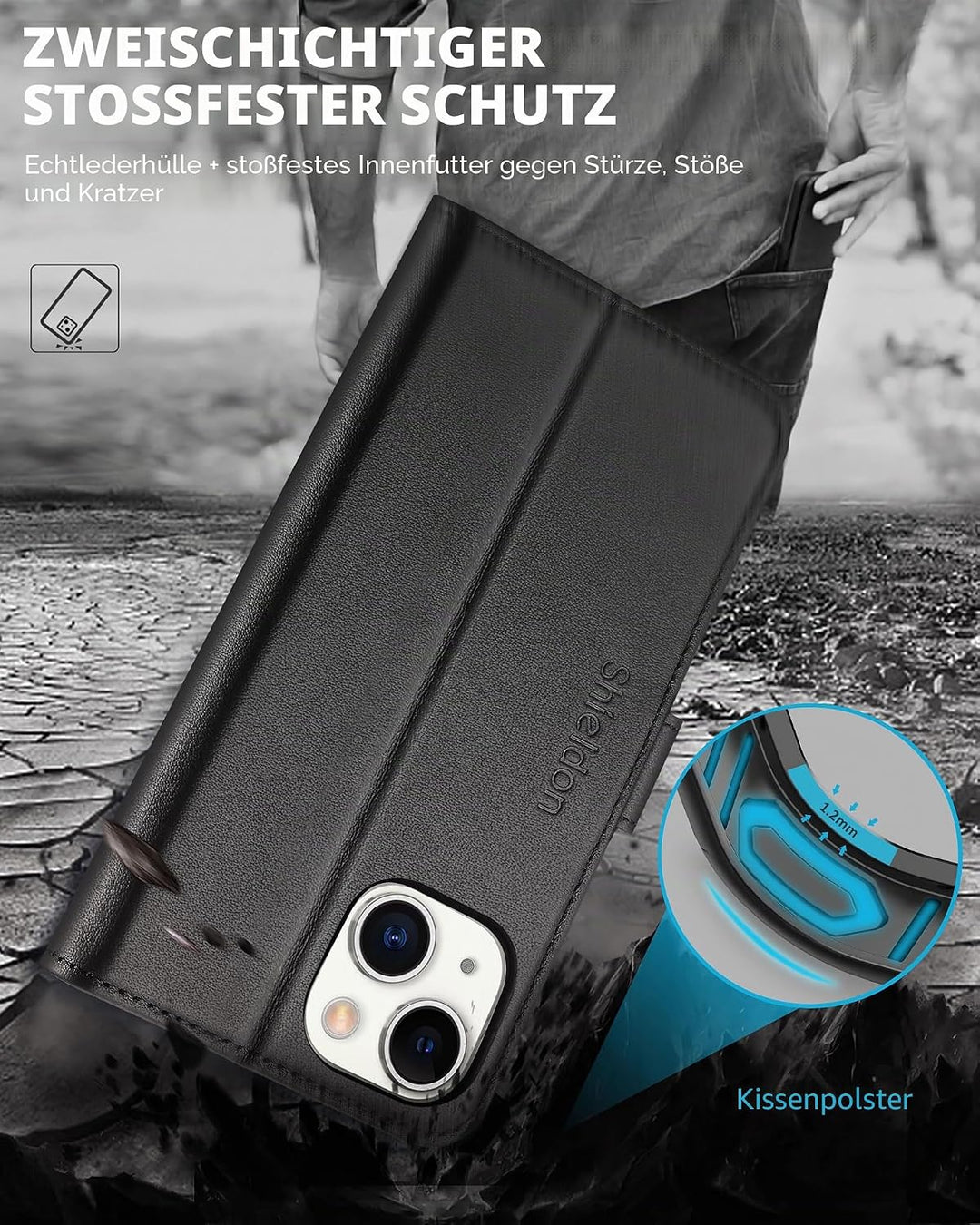 SHIELDON Hülle für iPhone 14 Plus 5G Handyhülle TPU Schutzhülle [Echtleder] [Kartenfach] [Magnet] [S