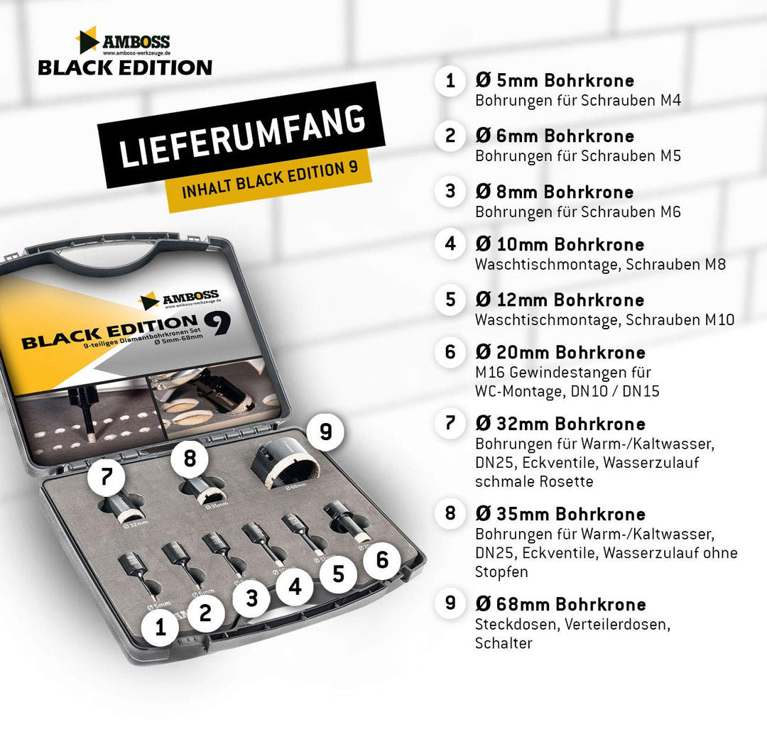 Amboss Diamant Bohrkronen M14 - BLACK EDITION Set Ø 5/6 / 8/10 / 12/20 / 32/35 / 68 mm für Winkelsch