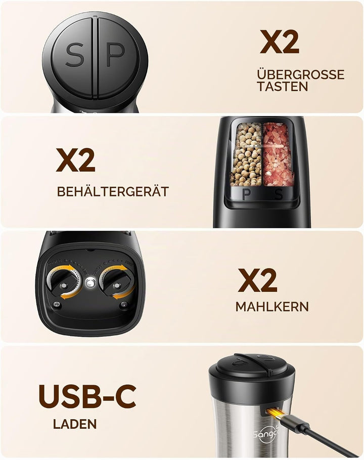 Sangcon 2 in 1 Salz und Pfeffermühle Elektrisch, Pfeffermühle USB-Aufladbarer，Automatische Einhandbe