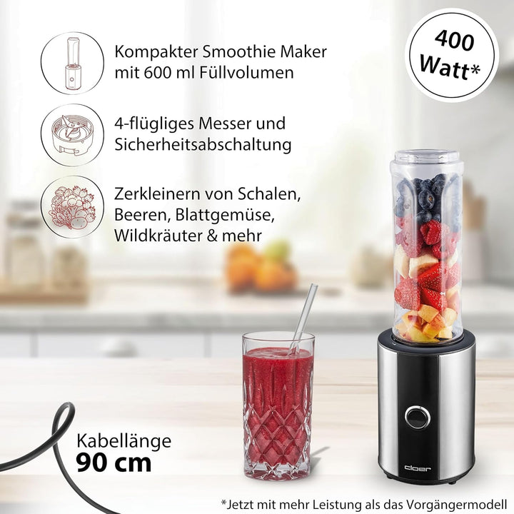 Cloer 6969 Smoothie Maker, Mini Standmixer to go, Milchshakes, Behälter 600 ml, Trinkflasche aus Tri