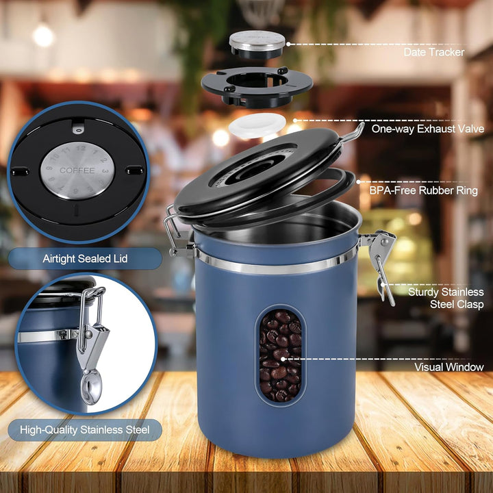 ROCKY&CHAO Kaffeedose Luftdicht aus Edelstahl 1,8L Kaffeebhnen Behälter 600g Vorratsdose für Tee Nüs