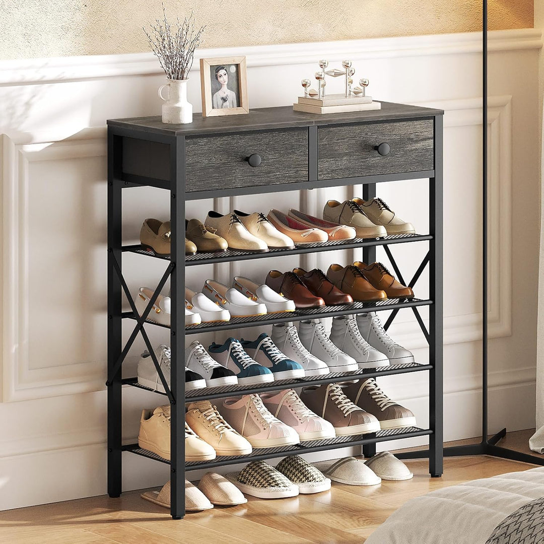 Schuhregal, Schuhablage mit 5 Ebenen, Schuhregal gross, Schuhständer mit 2 Stoffschubladen und 4 Git