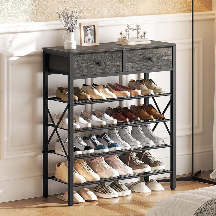 Schuhregal, Schuhablage mit 5 Ebenen, Schuhregal gross, Schuhständer mit 2 Stoffschubladen und 4 Git