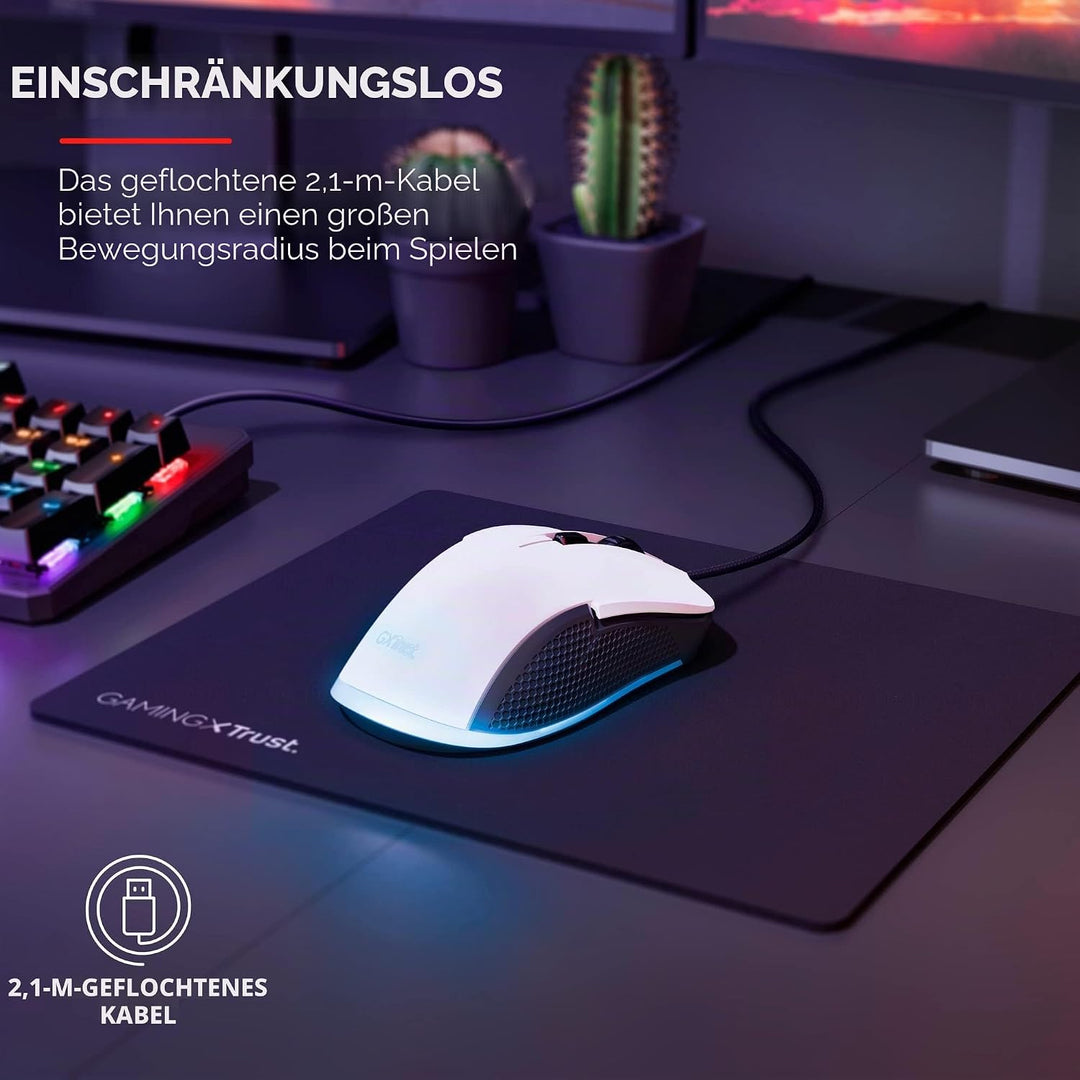 Trust Gaming GXT 922W Ybar Gaming Maus mit RGB LED-Beleuchtung, 200-7200 DPI, USB Kabel 2,1 m, Erwei