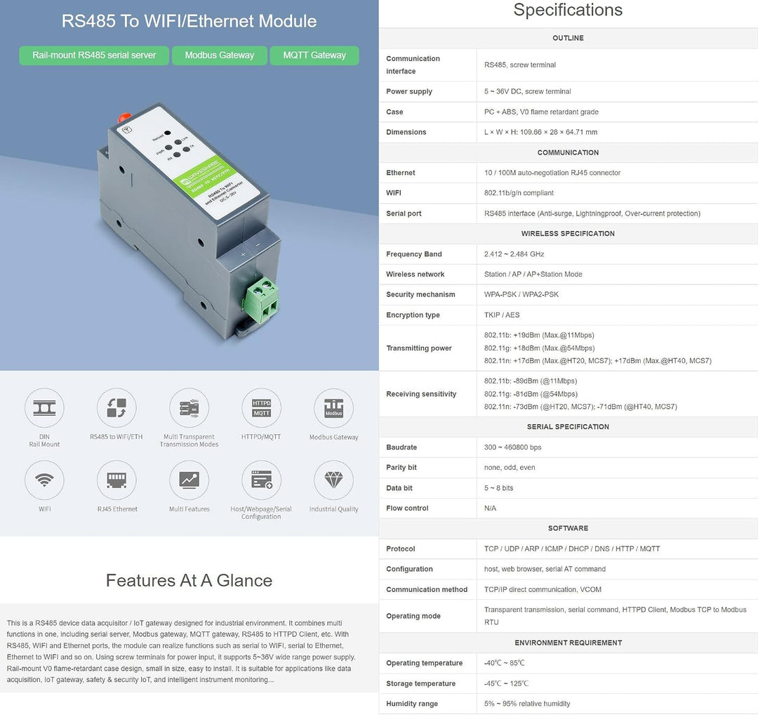 Waveshare RS485 to WiFi/Ethernet Module Rail-Mount Serial Server Modbus MQTT Gateway Supports Transp