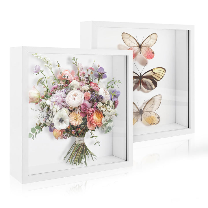 2 Stück Tiefer Bilderrahmen zum Befüllen 25x25cm, 3D Objektrahmen Weiss 5cm Innenabstand, Moderner F