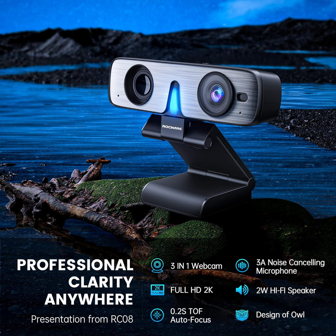 ROCWARE RC08 Webcam, 2K HD Webcam mit Mikrofon und Lautsprecher, [5xschneller TOF Autofokus] USB-Web
