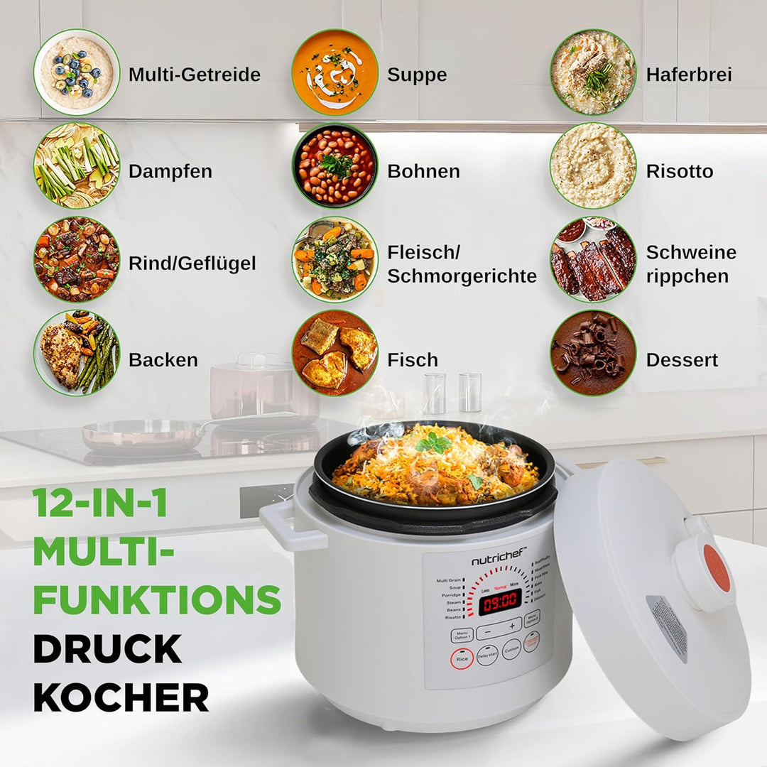 NutriChef Multikocher 5,7 L Elektrischer Schnellkochtopf, 12 Programme, Digitaler Druckkocher mit LC