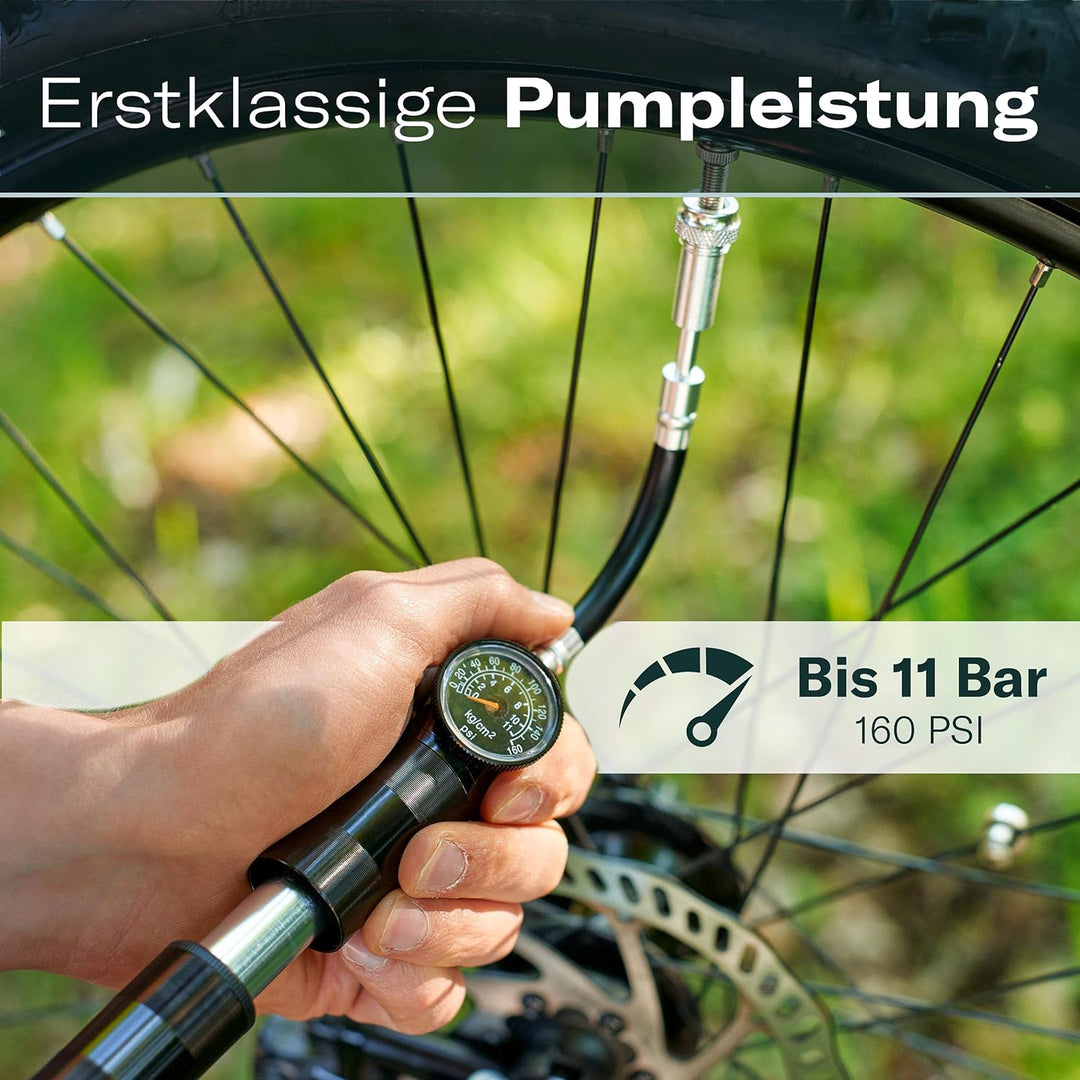 Mini Fahrradpumpe für alle Ventile mit Druckanzeige - Luftpumpe Fahrrad alle Ventile - Geeignet für