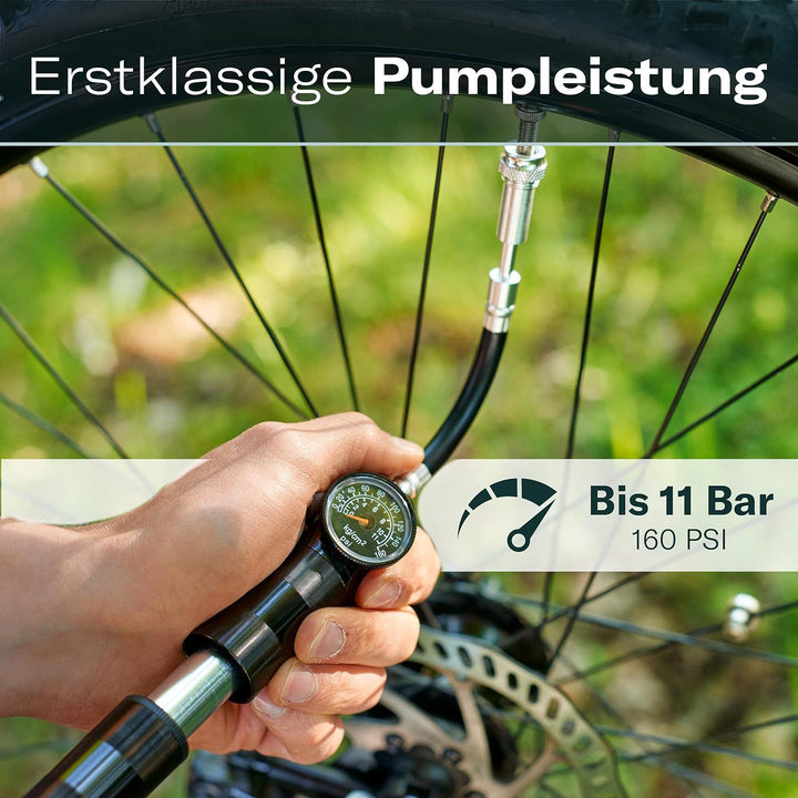 Mini Fahrradpumpe für alle Ventile mit Druckanzeige - Luftpumpe Fahrrad alle Ventile - Geeignet für