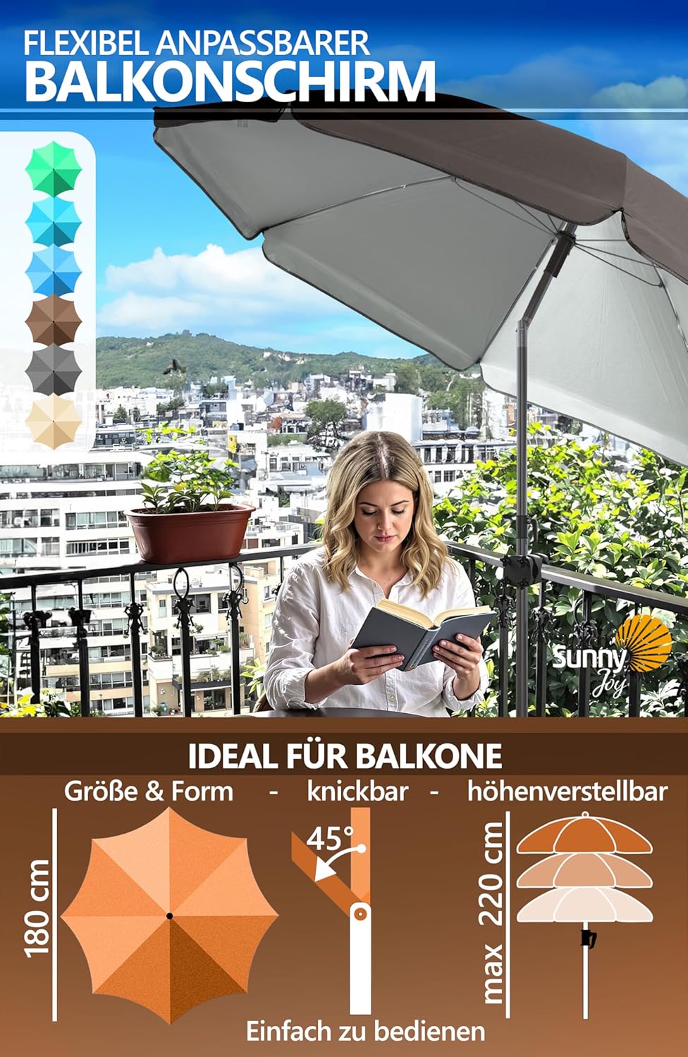 4smile Sonnenschirm Balkon SunnyJoy im 3er-Set - UPF 50+ Balkon Schirm 180 cm + Sonnenschirmhalter B