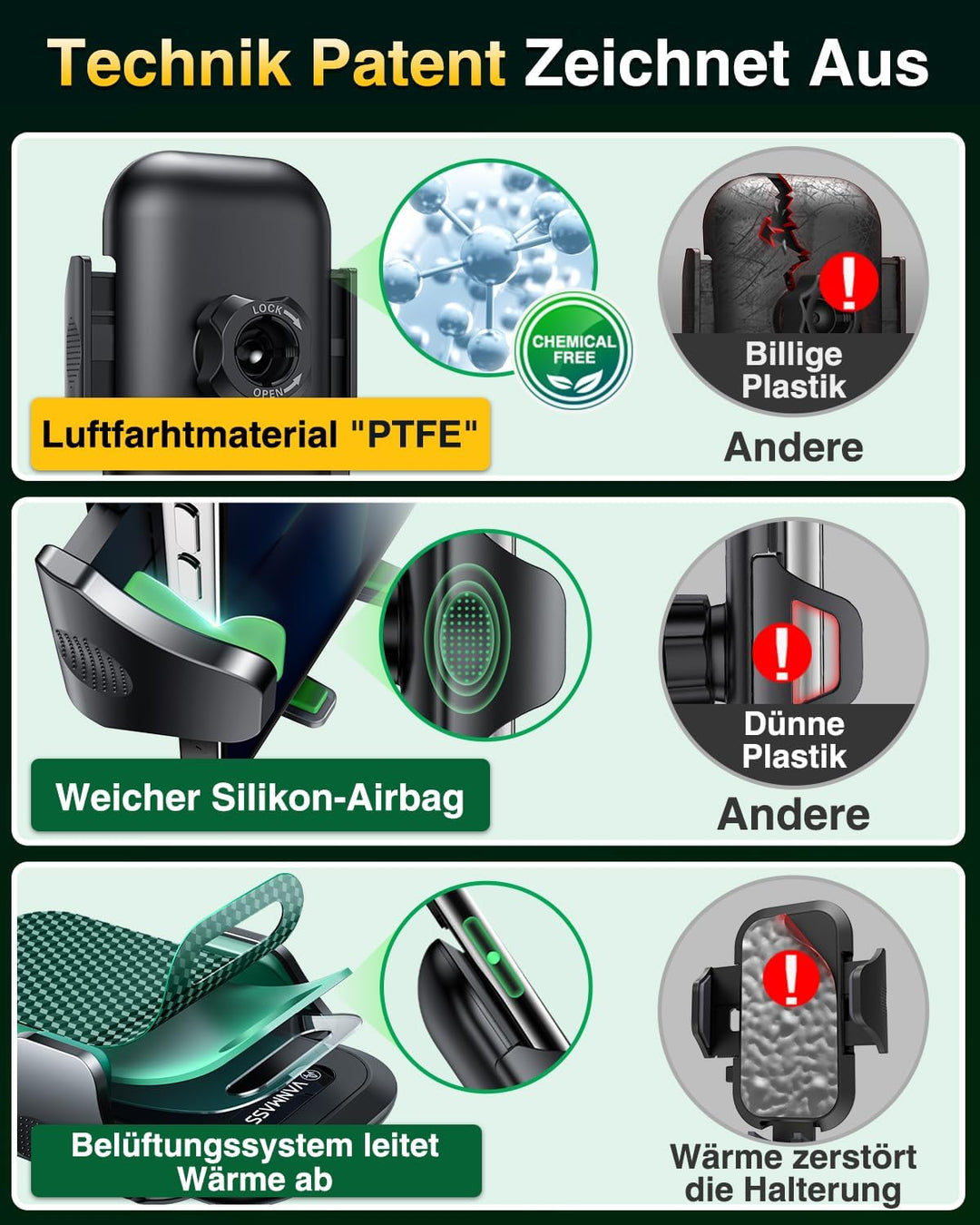VANMASS Handyhalterung Auto [2025 Upgrade Bombenfest Lüftungshaken] Halterung Lüftung Clip Kfz Handy