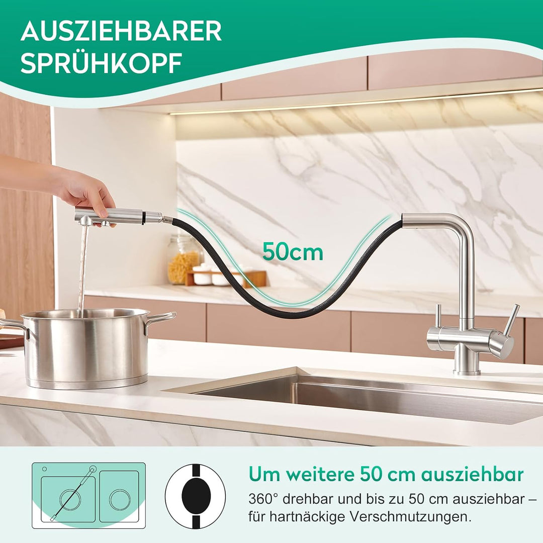CREA 3 Wege Wasserhahn Küche mit Brause, Trinkwasserhahn mit 360° Drehbarkeit, Drei Wege Mischbatter