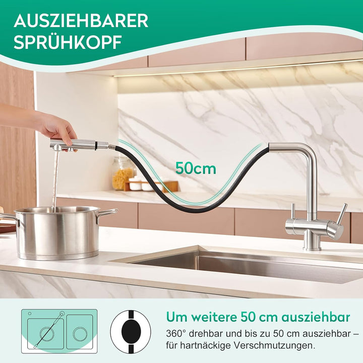 CREA 3 Wege Wasserhahn Küche mit Brause, Trinkwasserhahn mit 360° Drehbarkeit, Drei Wege Mischbatter