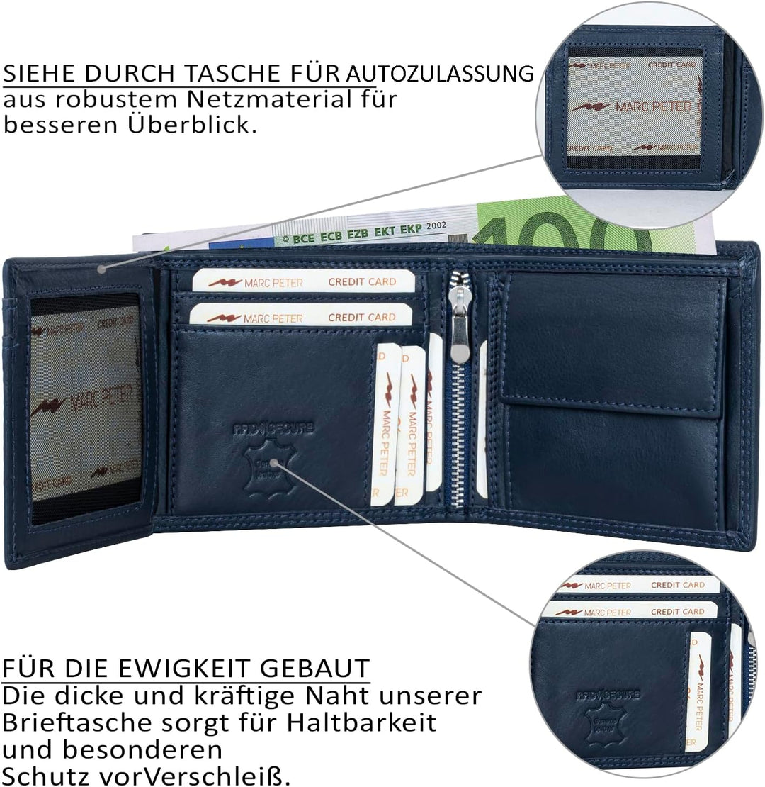 Marc Peter® Echt-Leder Geldbörse Hanover | Geldbeutel für Herren mit RFID-Schutz | Gross 10 Fächer P