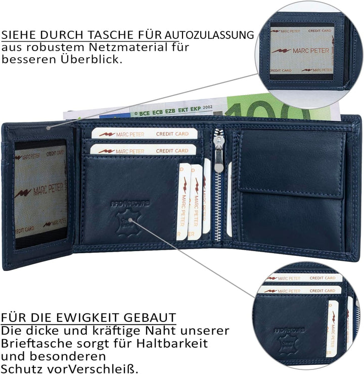 Marc Peter® Echt-Leder Geldbörse Hanover | Geldbeutel für Herren mit RFID-Schutz | Gross 10 Fächer P