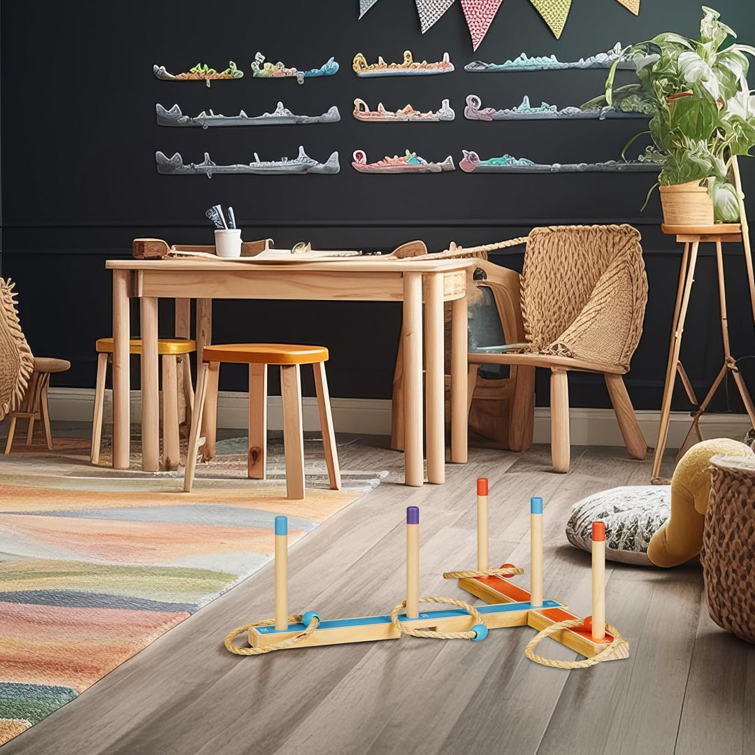Relaxdays Ringwurfspiel, Holzwurfspiel für Kinder & Erwachsene, mit 5 Ringen, drinnen und draussen,