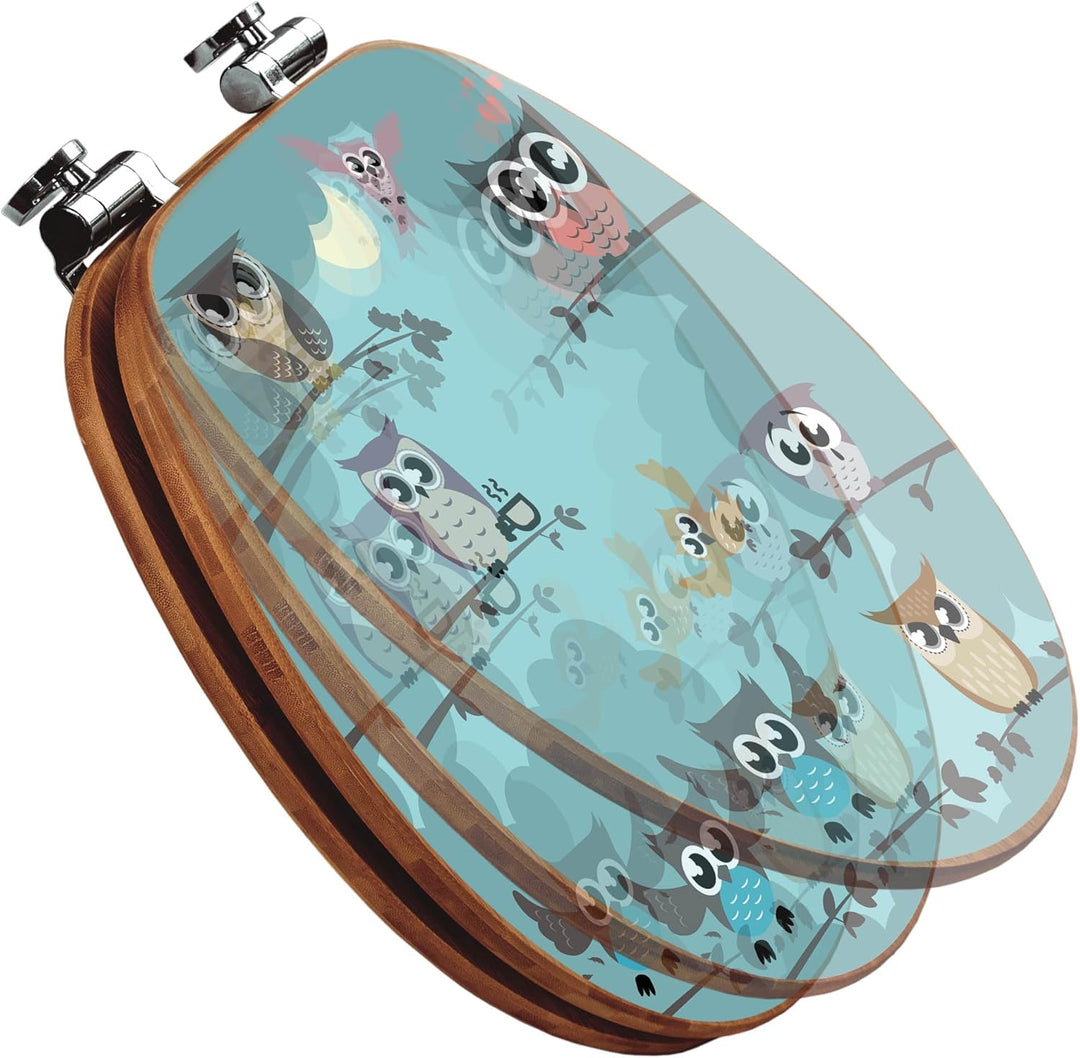 banjado® Design WC Sitz Bambus Absenkautomatik mit Motiv Acht Eulen/Toilettendeckel mit Absenkautoma