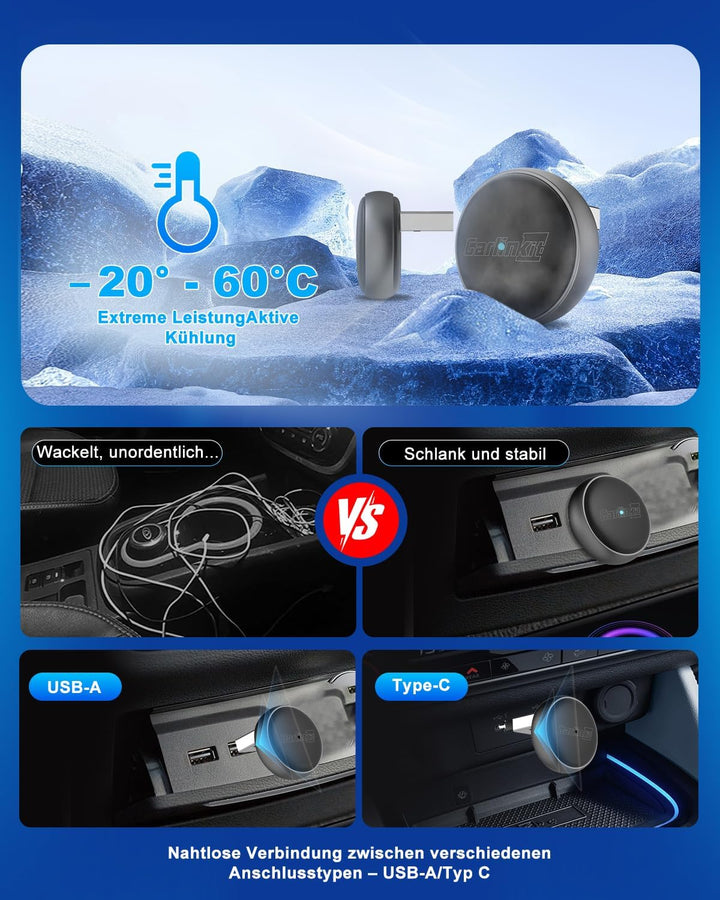 Carlinkit Wireless CarPlay & Android Auto Adapter – Mini Ultra 3, wandelt OEM-Kabelverbindung in kab