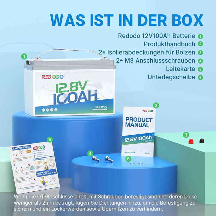 Redodo 12V 100Ah LiFePO4 Batterie, 1280Wh Lithium Akku mit 100A BMS, 4000+ Zyklen, 10 Jahre Lebensda