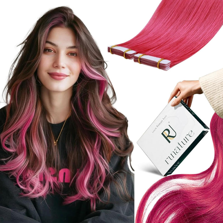RUNATURE Tape in Extensions Echthaar Rosa 30cm Invisible Tape Extensions Echthaar Heiss Pink Menschl