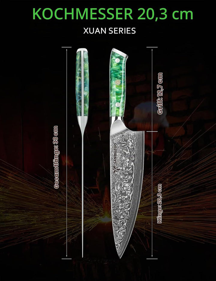 Kochmesser - 20cm - Xuan Serie - VG10 Damaskus Stahl Küchenmesser - Harzgriff(Smaragdgrün), Smaragdg