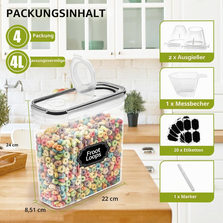Skroam 4L Vorratsdosen Set mit 4, Müsli Schüttdose & Frischhaltedosen, BPA frei Kunststoff Vorratsdo