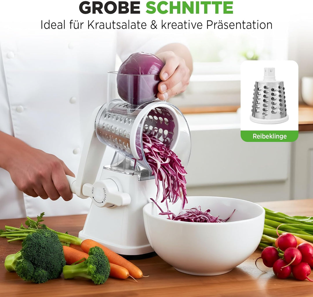 NutriChef 3-in-1 Trommelreibe - mit Kurbel – Gemüsereibe & drehbare Käsereibe – 3 Trommeln für Fein,