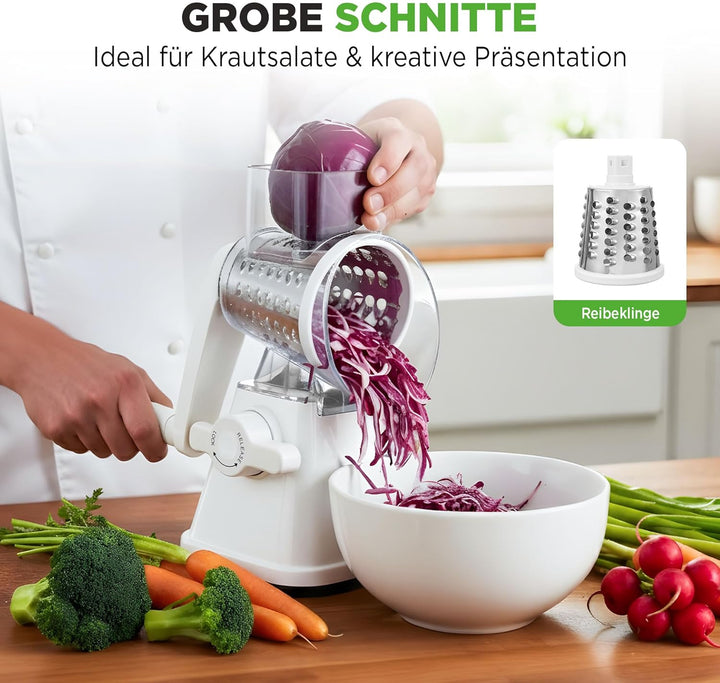 NutriChef 3-in-1 Trommelreibe - mit Kurbel – Gemüsereibe & drehbare Käsereibe – 3 Trommeln für Fein,