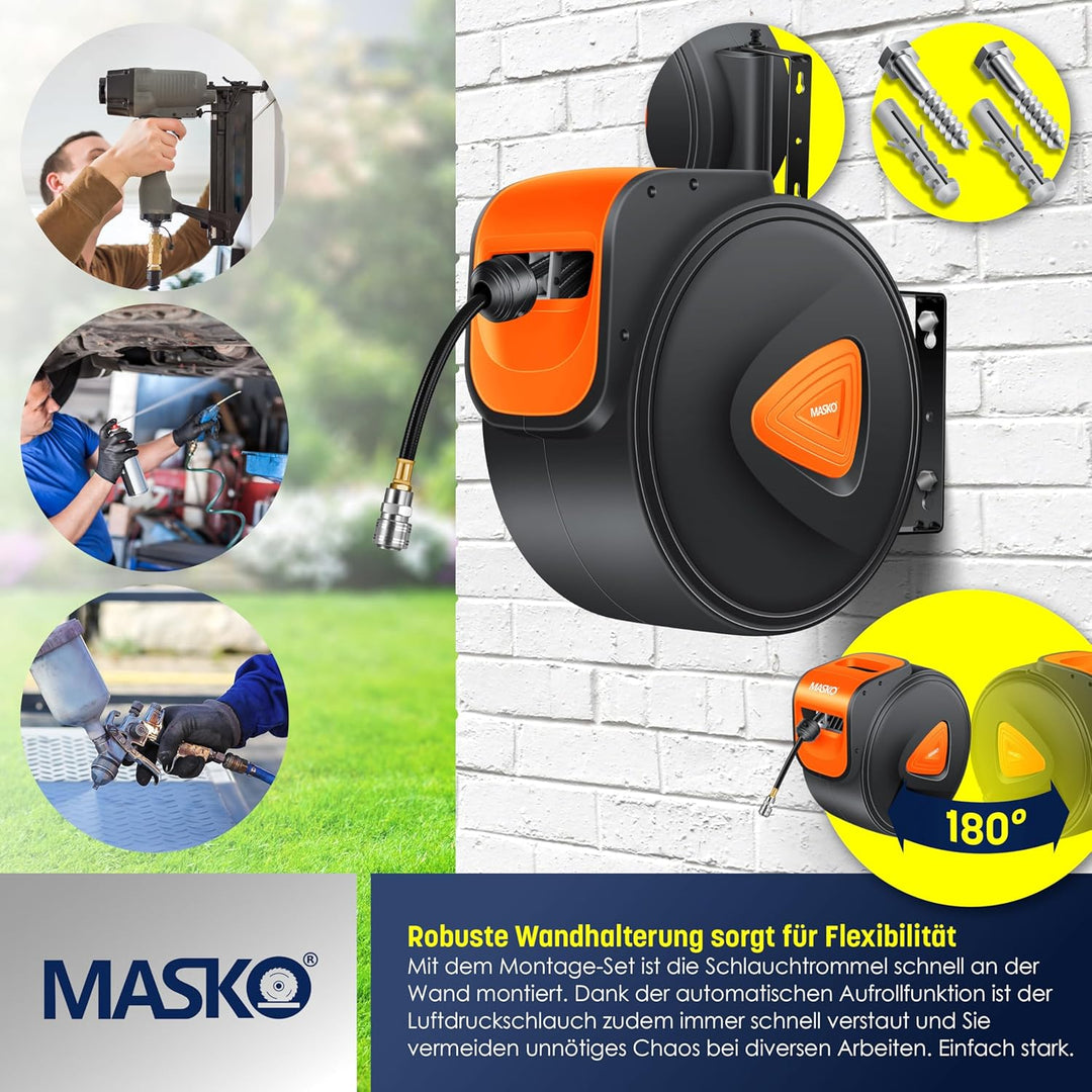 MASKO® Automatik Druckluftschlauch Aufroller 30m – Schlauchtrommel mit 1/4" Anschluss, Schlauchaufro