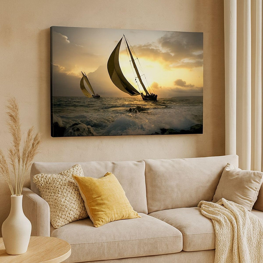 Bilder auf Leinwand 100x70cm Leinwandbild Schiff Sonnenuntergang Sonne Landschaft Gross Wanddeko Bil