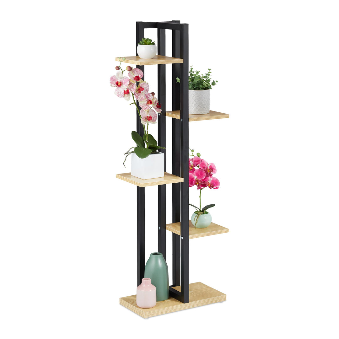 Relaxdays Pflanzenregal, Blumentreppe mit 5 Ablagen, HBT 117 x 43 x 22 cm, Stahl u. MDF, Blumenregal