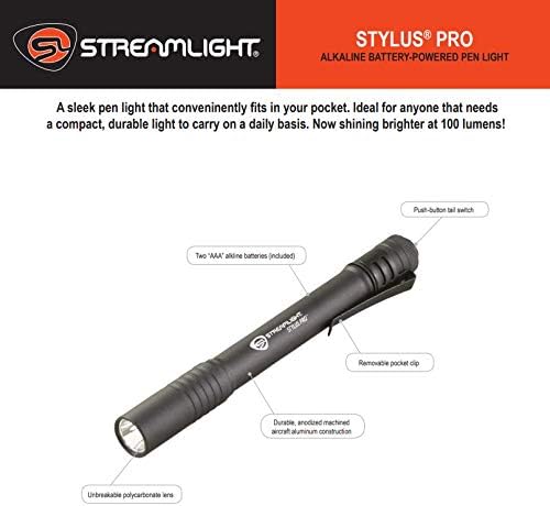 Streamlight 66118 Stylus Pro 100-Lumen LED Stiftleuchte mit Holster, Schwarz, Schwarz