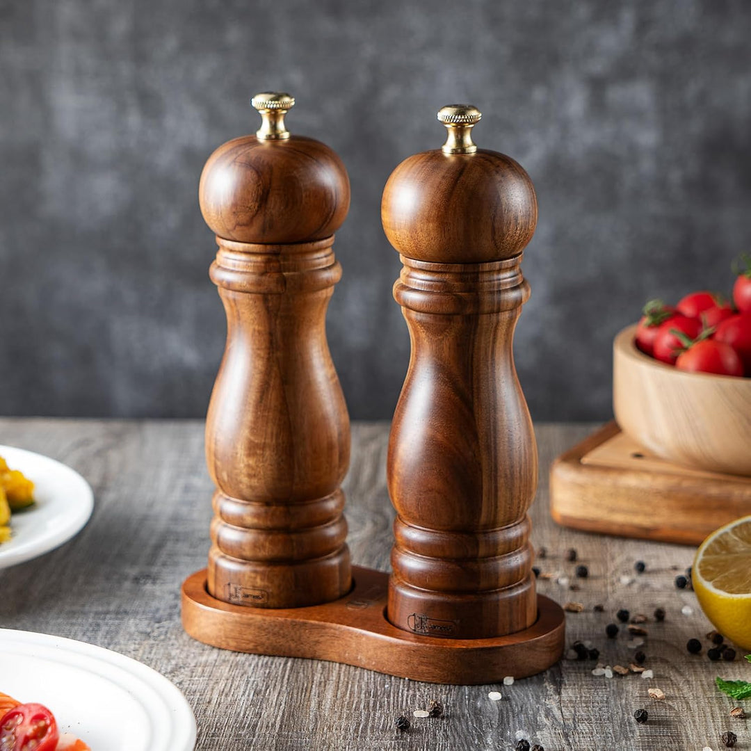 Salz und Pfeffermühle mit Tablett, Akazienholz Holz-Pfeffermühle, 2er-Set Manuelle Salz-Pfefferstreu