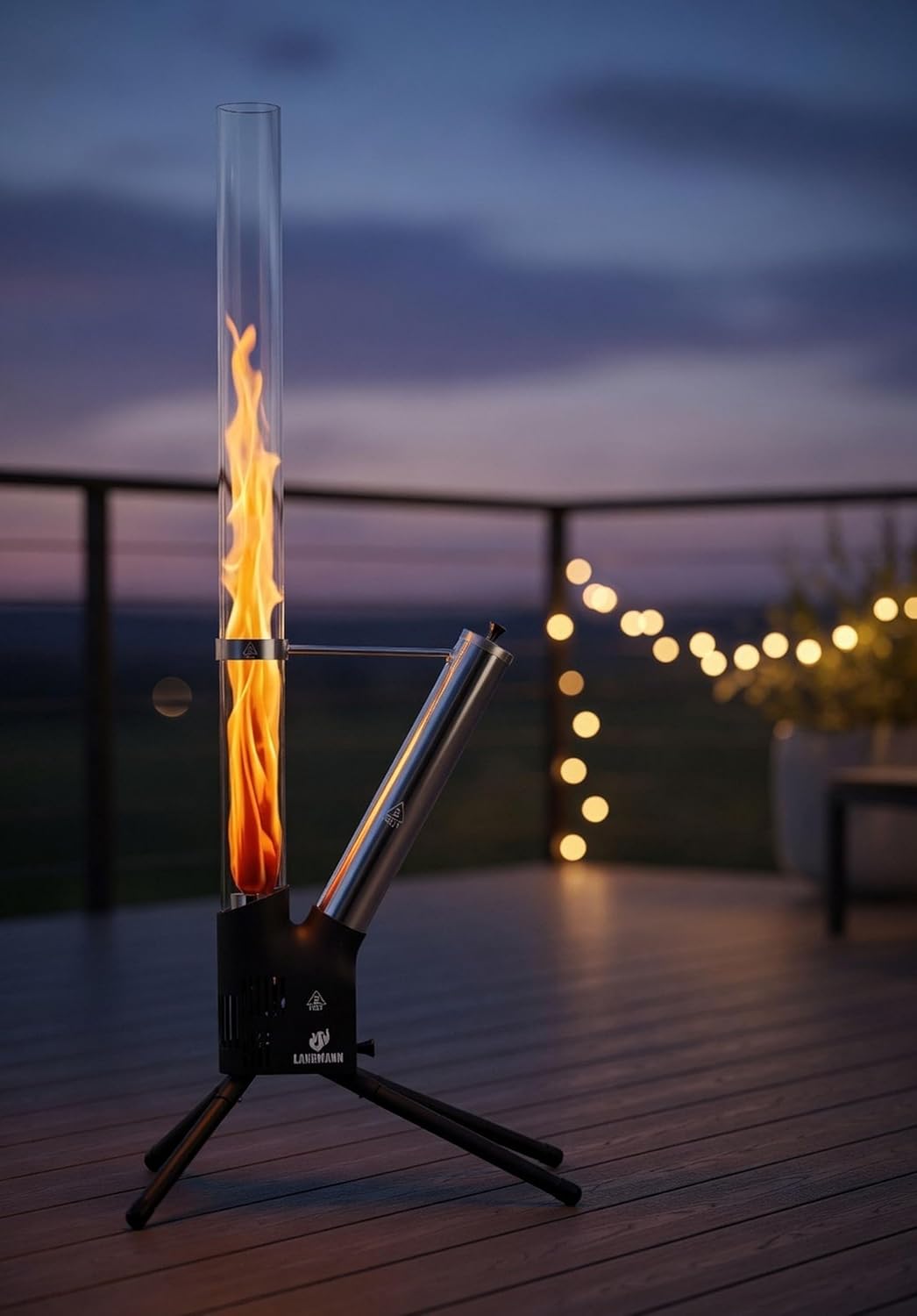 Feuersäule Schwarz/Silber – Outdoor Pellet Feuerstelle 126,5 cm mit Borosilikat-Glasrohr, raucharm,