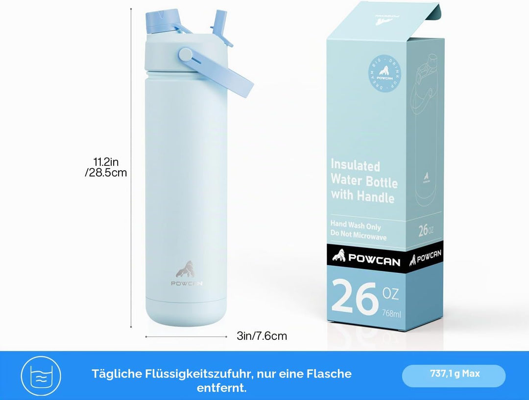 POWCAN 26 oz isolierte Wasserflasche mit 2-in-1-Trinkhalm und Ausgussdeckel, hält 24 Stunden kalt, a