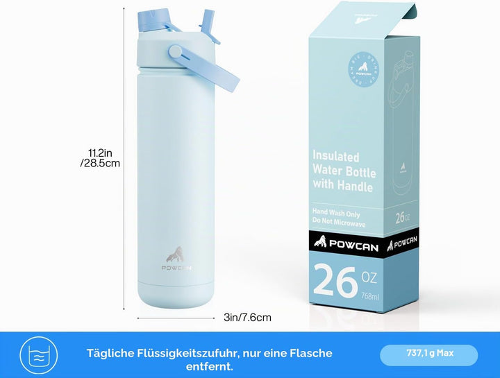 POWCAN 26 oz isolierte Wasserflasche mit 2-in-1-Trinkhalm und Ausgussdeckel, hält 24 Stunden kalt, a