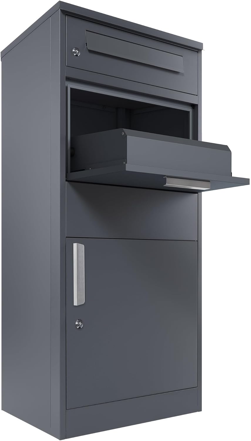 Zelsius Briefkasten mit Paketfach Neptun | pulverbeschichteter Stahl mit Edelstahl Elementen | RAL70