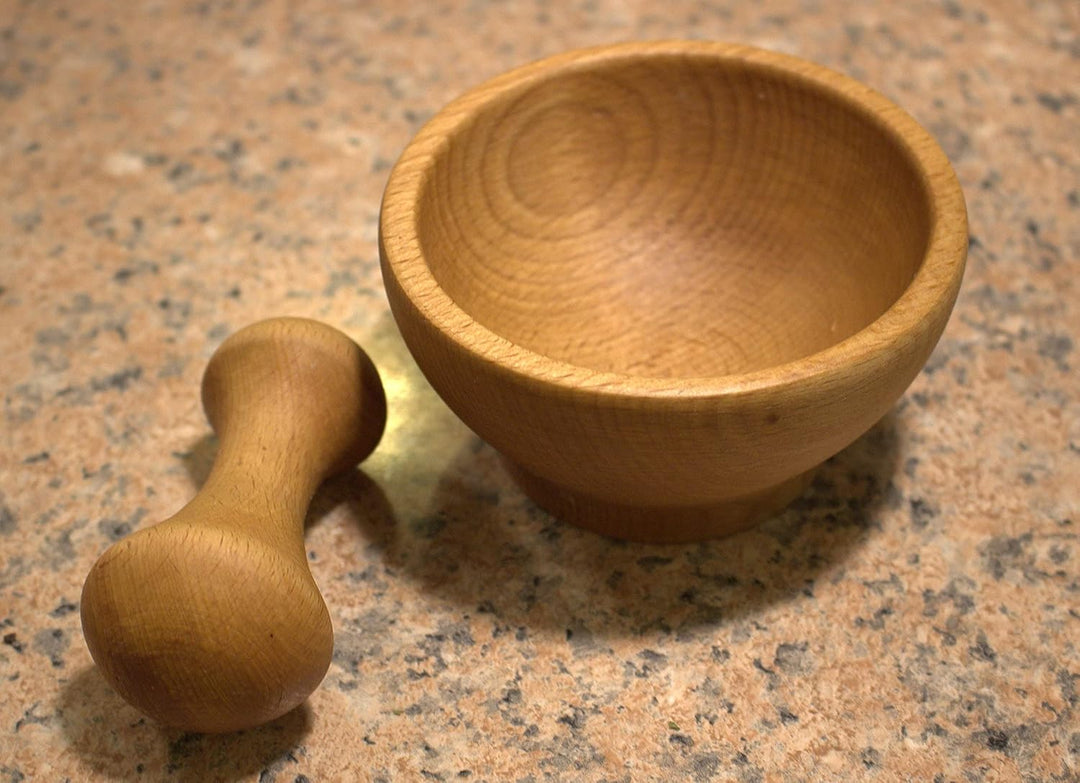 EFO Mörser mit Stössel Holz 10,5x5,5 cm | Holzmörser aus robustem Buchenholz im rustikalen Stil | Kü