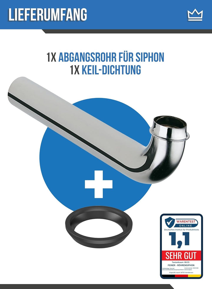 FEINER® Edelstahl Siphon-Wandrohr 90°Bogen, Extra Lang – 1 1/4 Zoll (⌀ 32 mm) x 300 mm, universell p