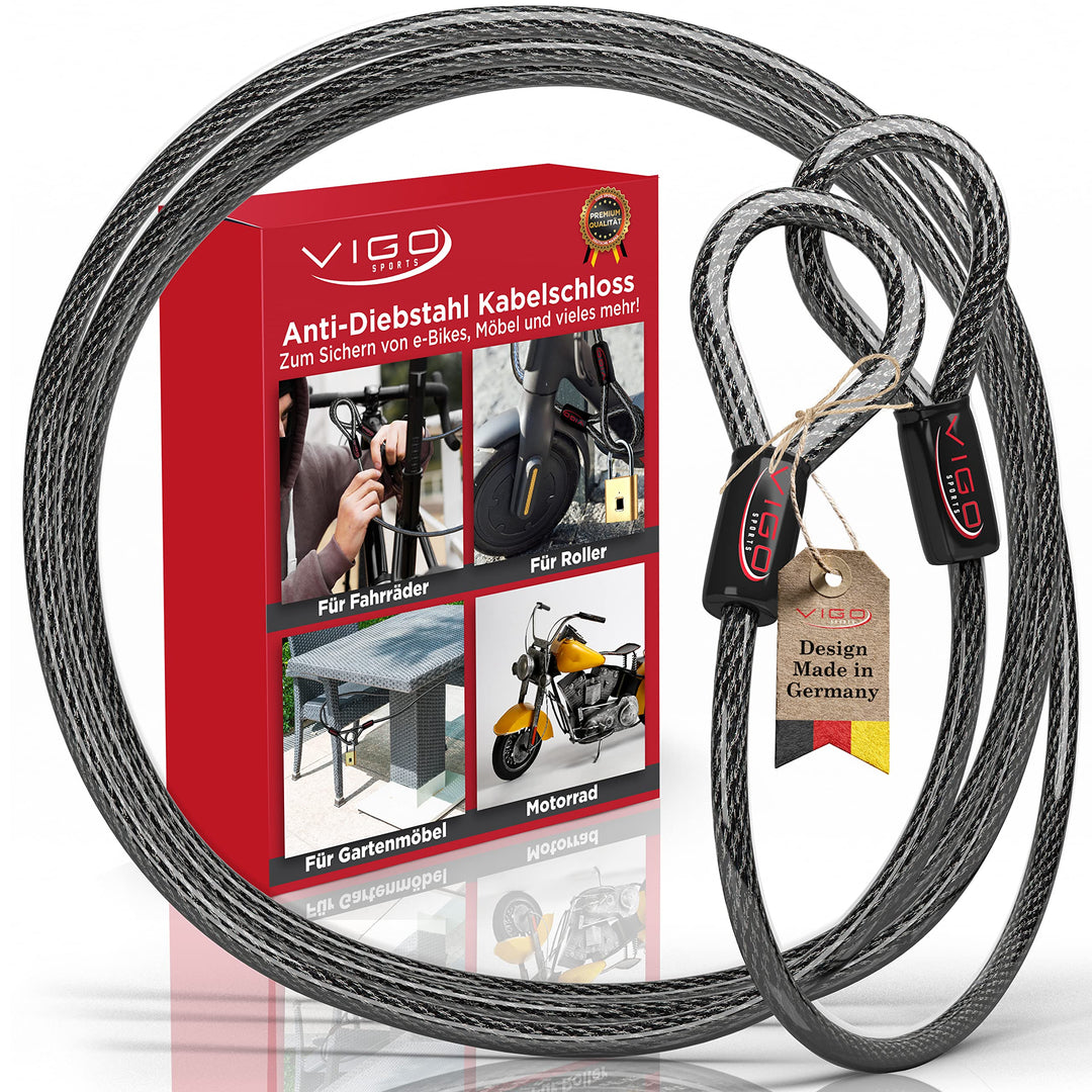 VIGO SPORTS® Panzer Stahlseil mit Ösen [2m] I 10mm starkes Kabelschloss zum Schutz deines Fahrrad, G