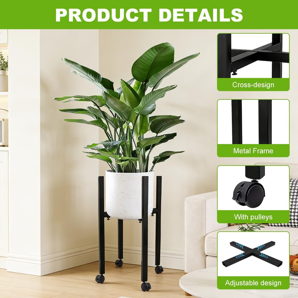 Blumenständer Metall Schwarz Verstellbar mit 4 Rollen, Blumenhocker & Pflanzenständer Hoch für Töpfe