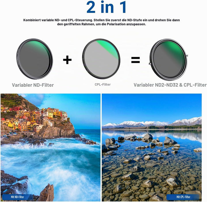 NEEWER 2 in 1 82mm Variable ND Filter ND2-ND32&amp;CPL (Zirkular Polfilter) No X Cross Variabel Graufilt