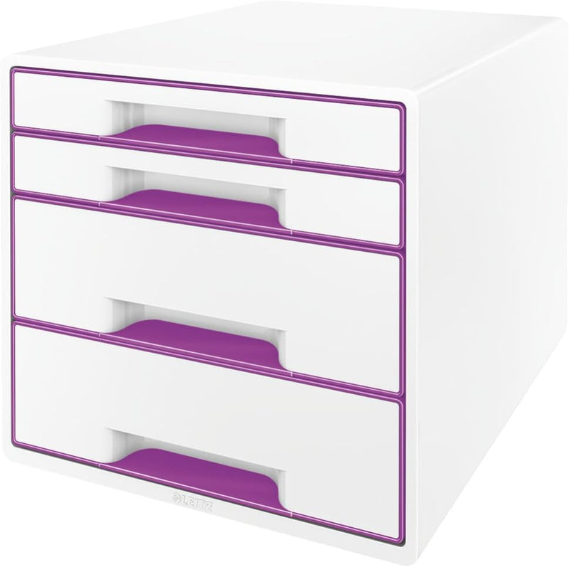 Leitz CUBE Schubladenbox mit 4 Schubladen, Weiss/Violett, A4, Inkl. transparentem Schubladeneinsatz,