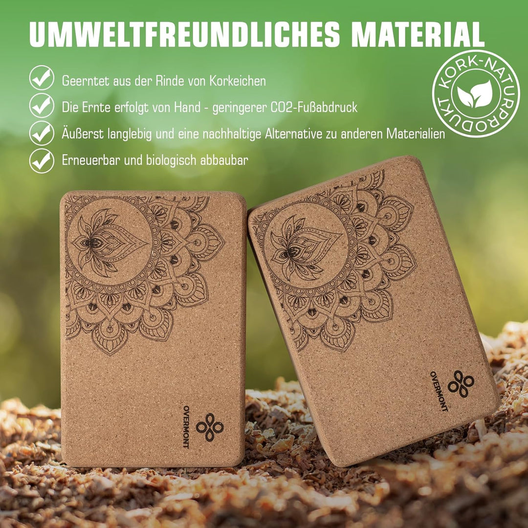 Overmont Yogablöcke Kork 2er Set Yogaklotz - Yoga Block mit Yoga Gurt - Korkblock für Fitness Pilate