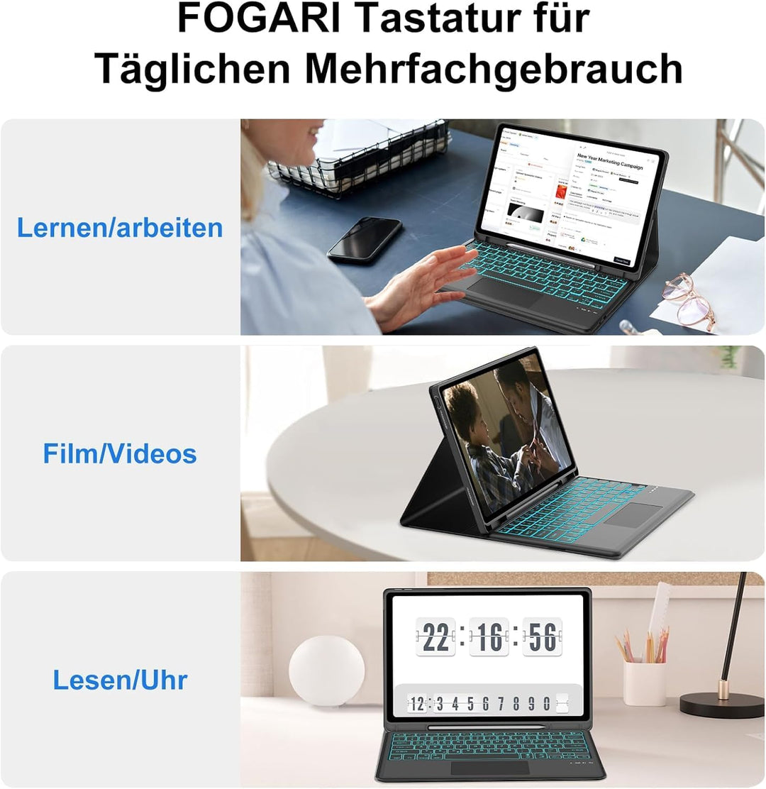 FOGARI Tastatur Hülle für Lenovo Tab P12 12.7" 2023, Multi Touch Trackpad, 7 Farben Tastatur mit Mag