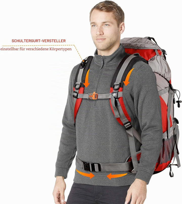 Loowoko 50 l Wanderrucksack, wasserdichte Camping-Essentials-Tasche mit Regenschutz, 45 + 5 Liter le